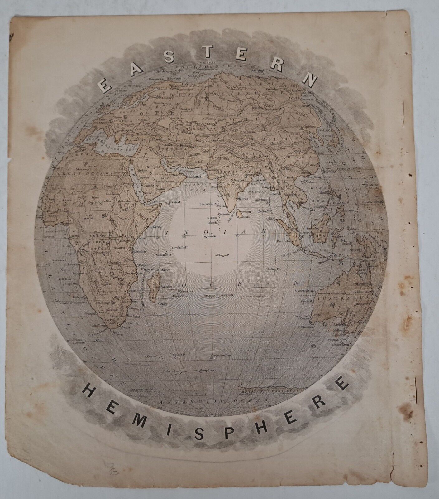Antique 1887 Map, Eastern Hemisphere, Rare Chromolithograph