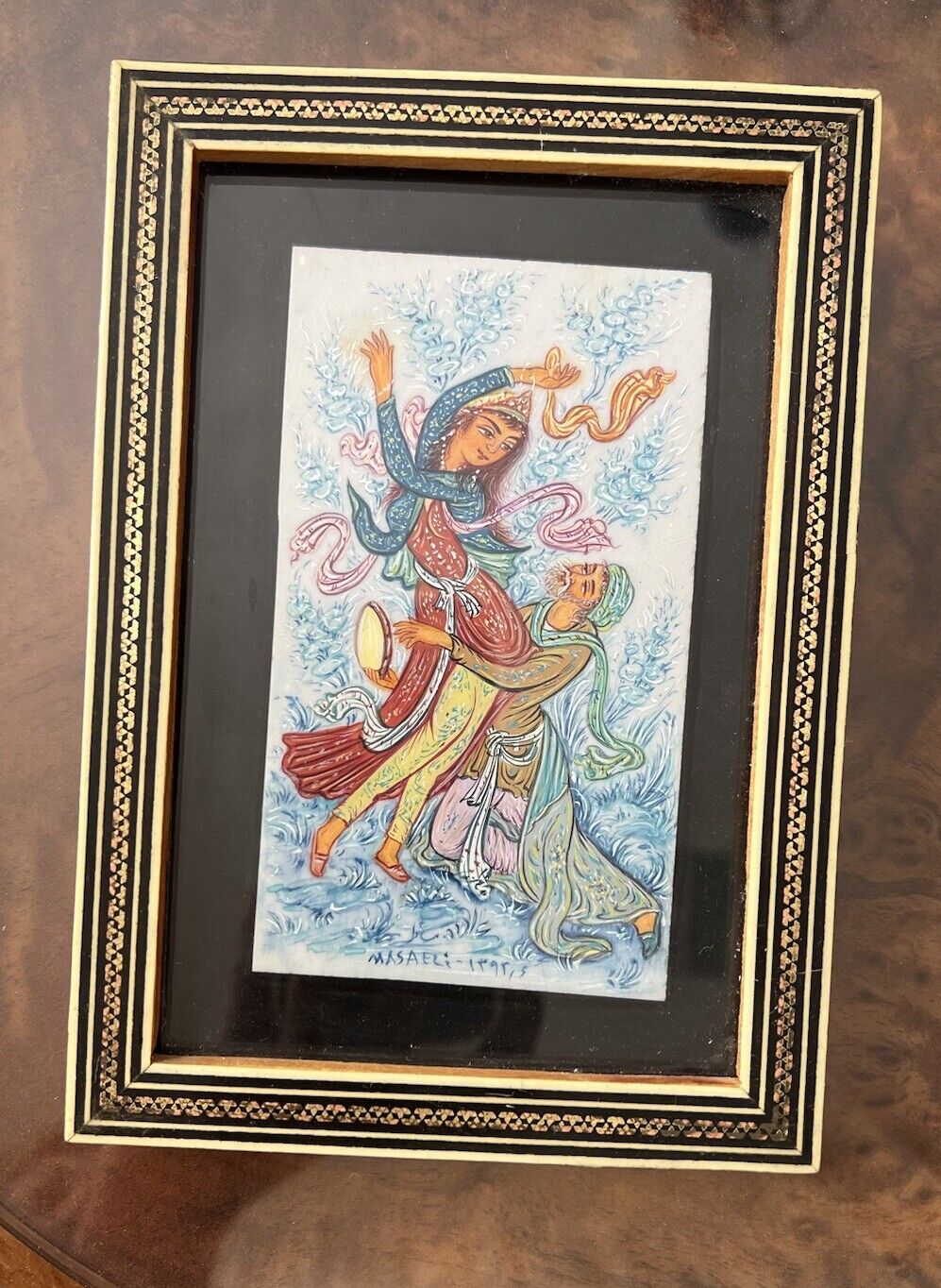 Persian Handcrafted Miniature Painting  Dancer & Musician in Khatam Frame Signed
