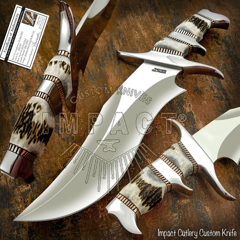 IMPACT CUTLERY RARE CUSTOM D2 MASSIVE ART SUB HILTED BOWIE KNIFE STAG ANTLER