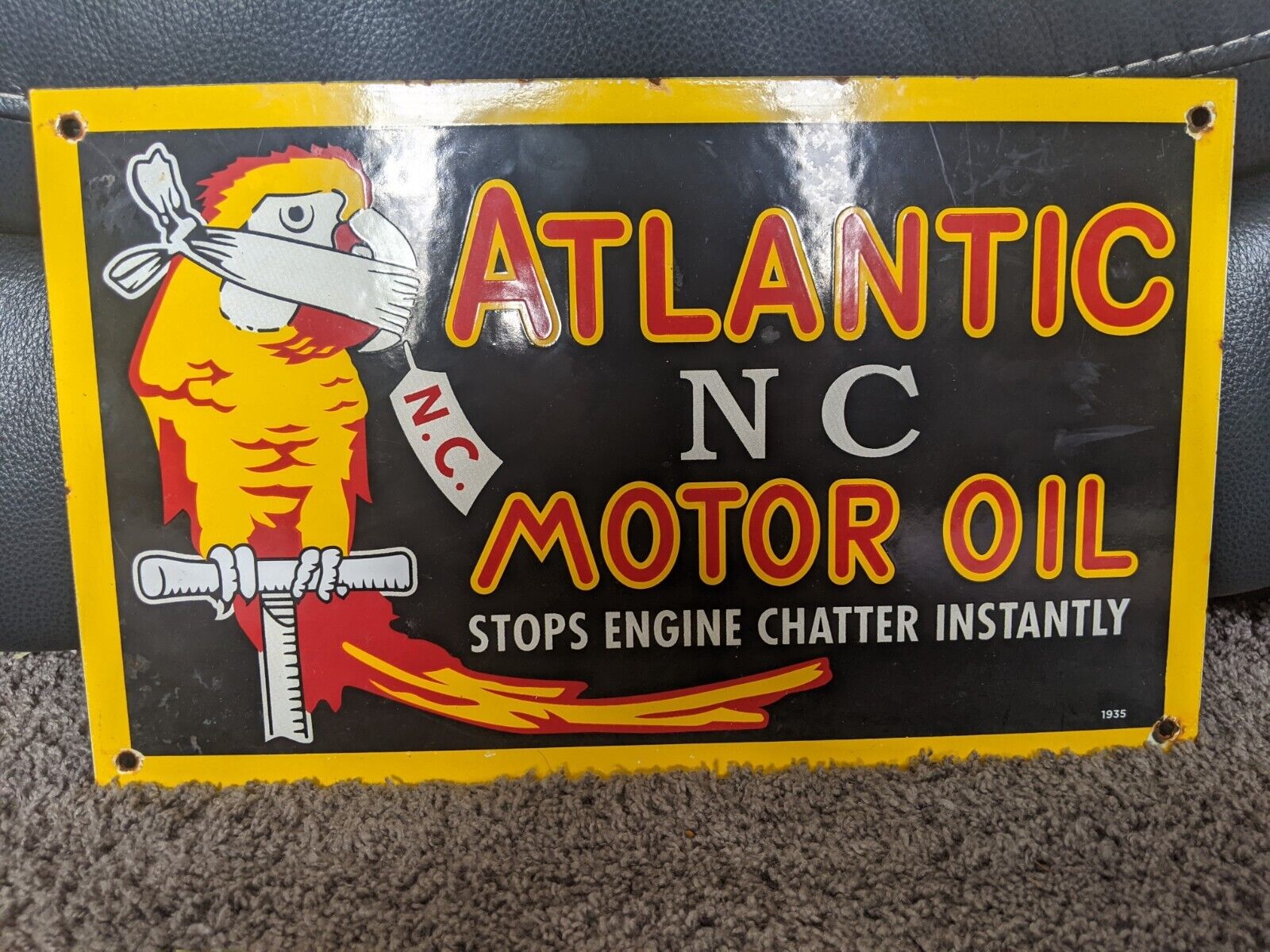 VINTAGE 1935 ATLANTIC MOTOR OIL PORCELAIN METAL GAS STATION SIGN 10
