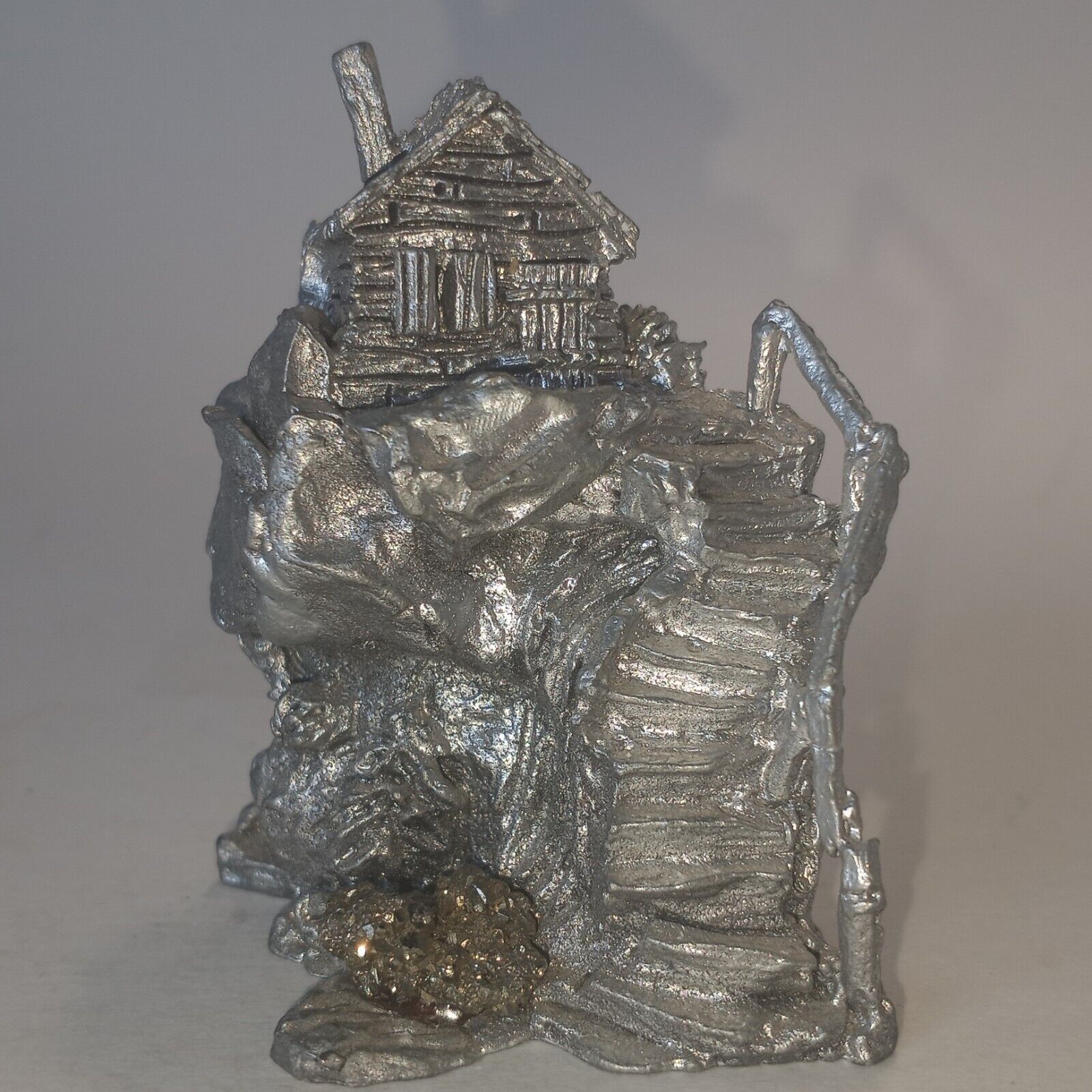 Vtg 92 Artist Signed Bouvier Pewter Cabin On Hill With Stairs & Pyrite Nugget