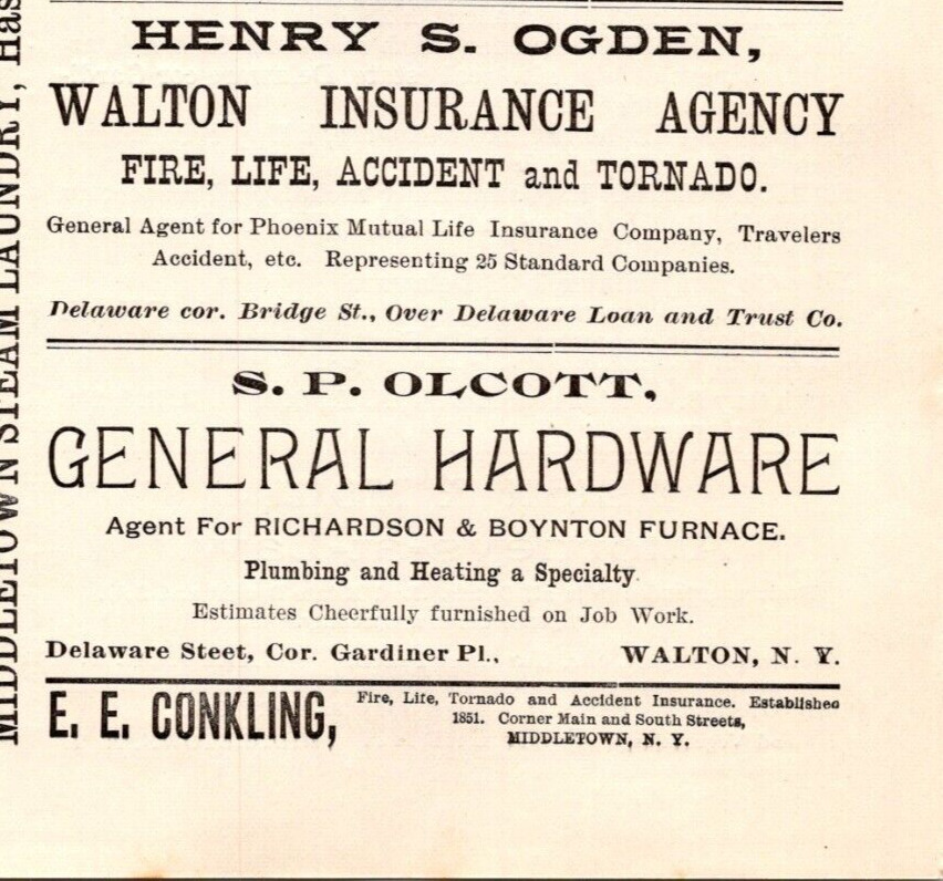 1900 HENRY S OGDEN WALTON INSURANCE  S P OLCOTT GENERAL HARDWARE WALTON NY