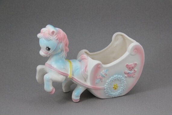 Vintage INARCO Pink & Blue Pony Pulling Cart Planter for a New Baby E-2239 Japan