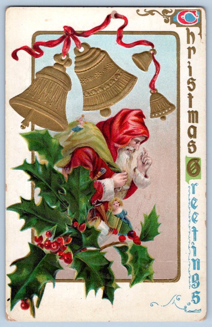 1910\'s SANTA CLAUS GOLD BELLS BAG OF TOYS EMBOSSED CHRISTMAS GREETINGS POSTCARD