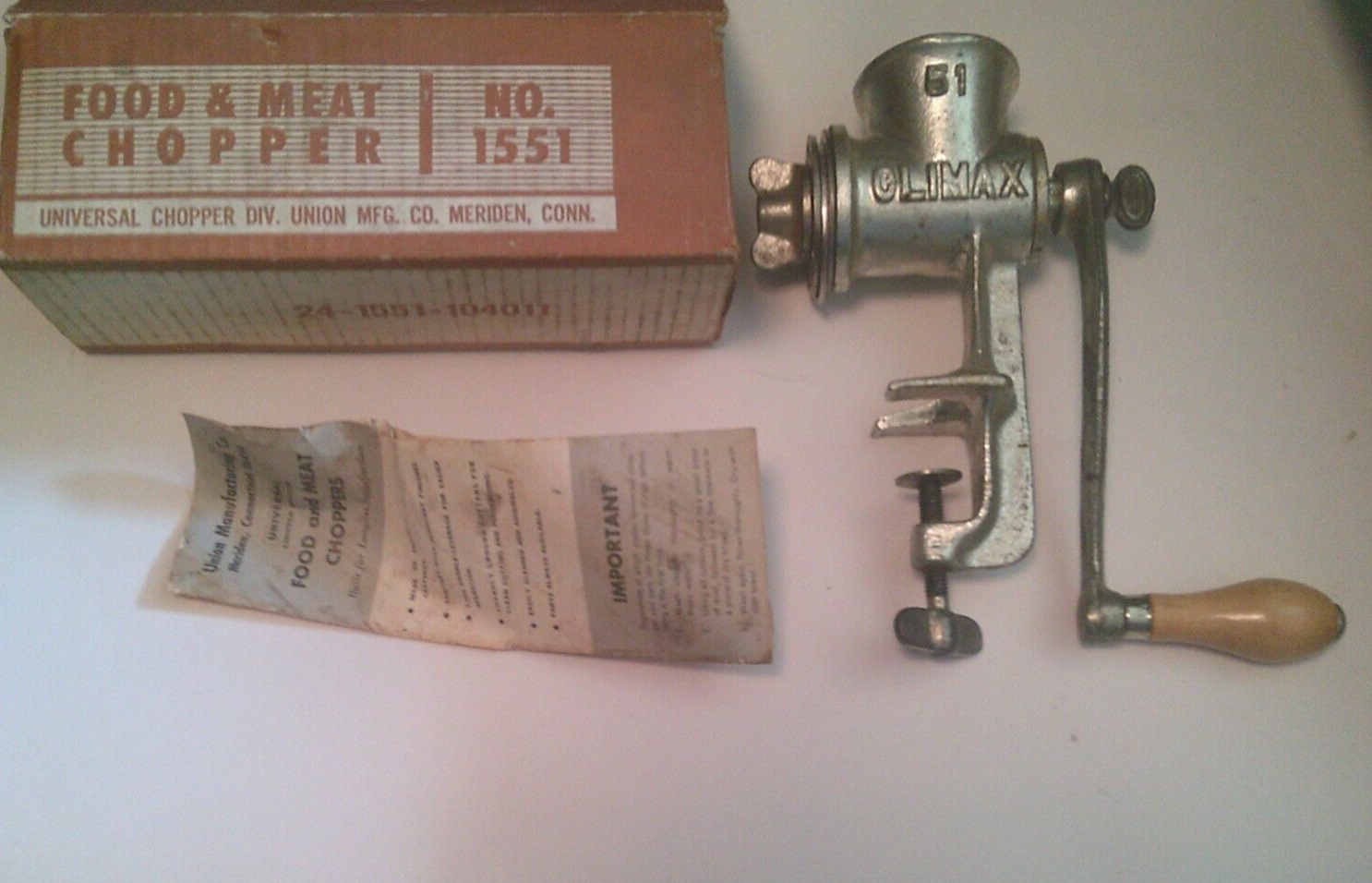 Vintage Universal Food And Meat Chopper No. 1551 Original Box Manual Climax #51