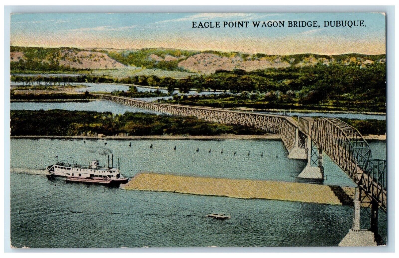 1915 Aerial View Eagle Point Wagon Bridge Dubuque Iowa IA Antique Postcard