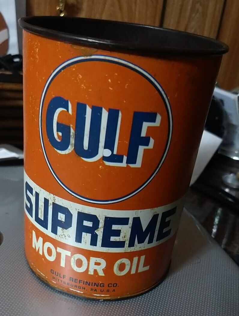 Vintage Gulf Oil Can No Lid Metal Pencil Pen Holder Decor Man Cave Garage Hotrod