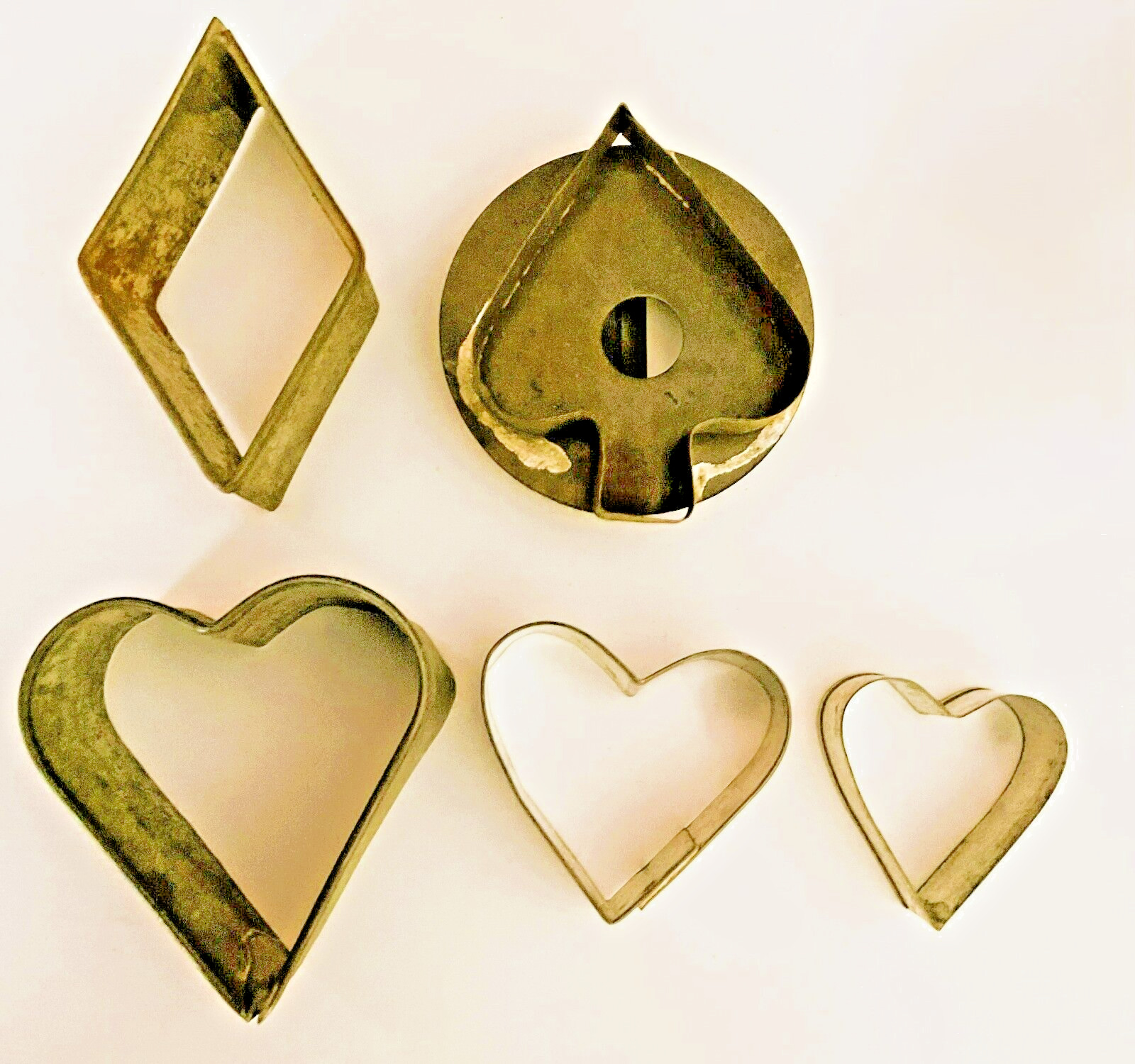 Antique Tin Cookie Cutters 3 nesting hearts, a spade & diamond