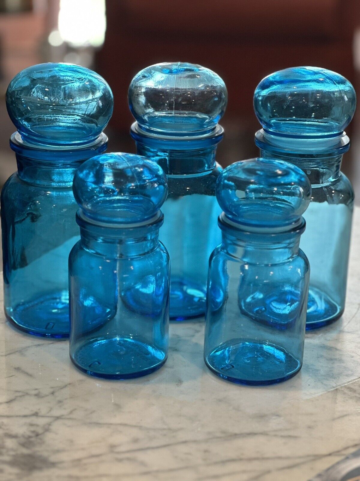 Set Of 5 MCM Vintage Blue Glass Apothecary Storage Jars Made In Belgium