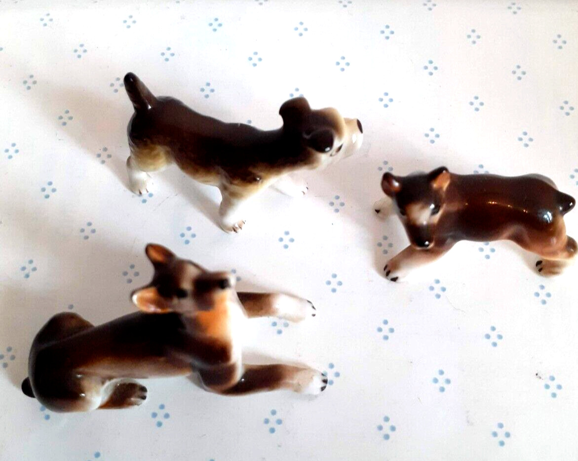 Lot of 3 Vintage Miniature Dog Figurines Brown White Shepherd & Puppies Japan