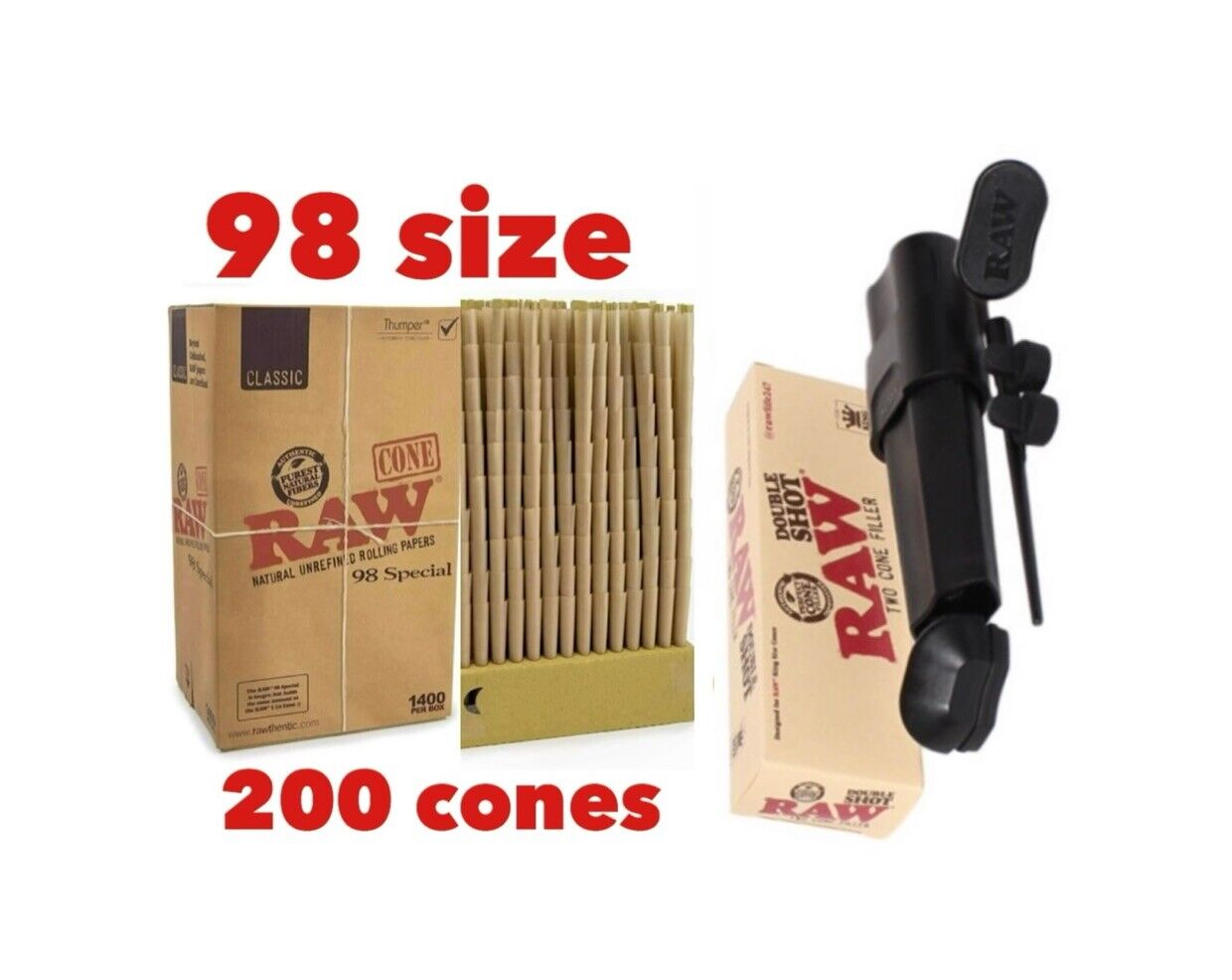 raw classic 98 special size pre rolled cone+RAW double shot 2 cone filler loader