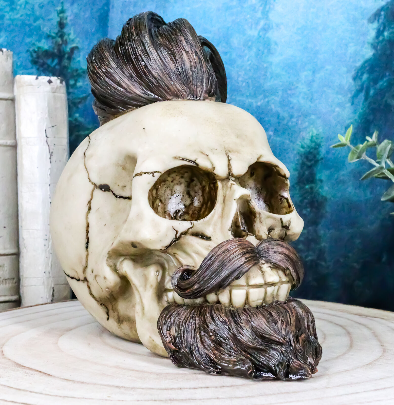 Bearded Skull with Stylish Haircut and Curled Mustache Figurine Halloween Decor