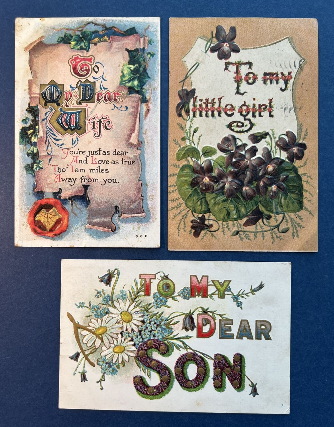 3 Family Greetings Antique Postcards. EMB, Gold. Wife, Son, Little Girl. Flowers