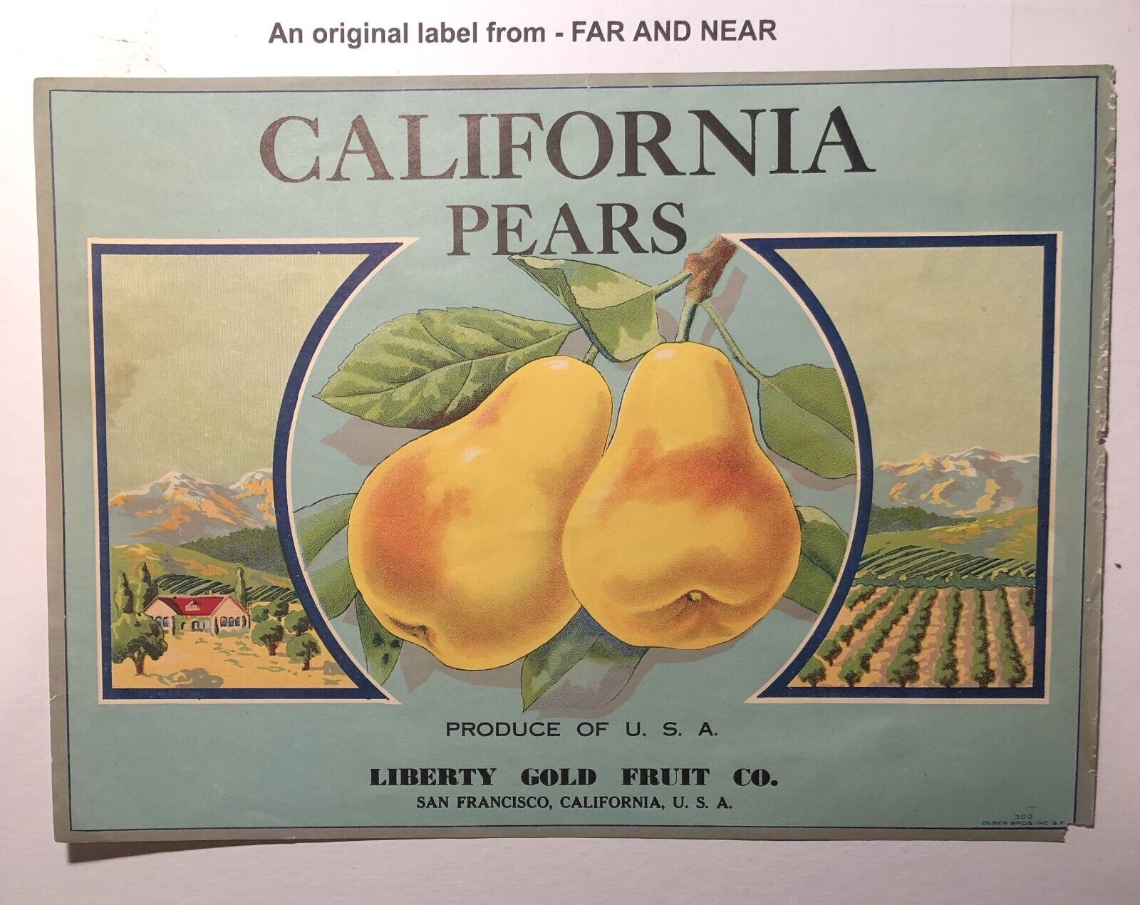California Pears Brand Rare Pear Crate Label - Liberty Gold Fruit Company