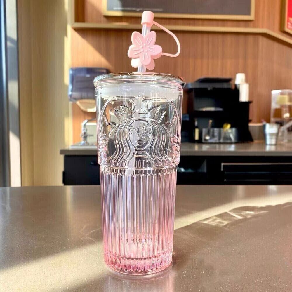 2024 Starbucks Glass Cup Gradient Pink Sakura Tumbler w/Cherry blossom Topper