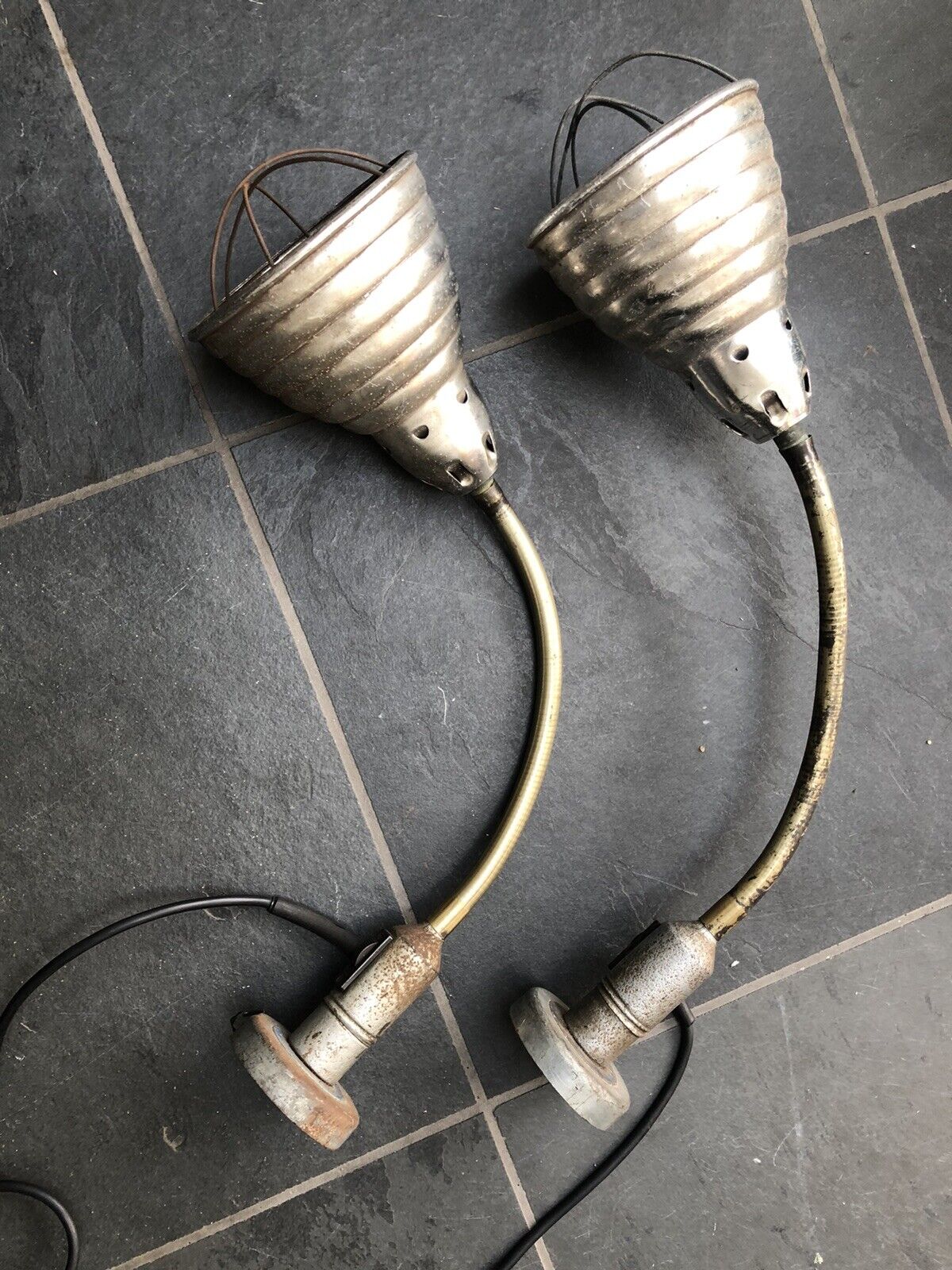 A Pair of German Vintage Industrial Magnetic Machinist Lathe Lamps by Velux