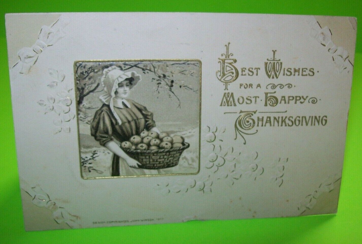 Thanksgiving Postcard John Winsch 1913 Vintage Embossed Art Fancy Bow Corners