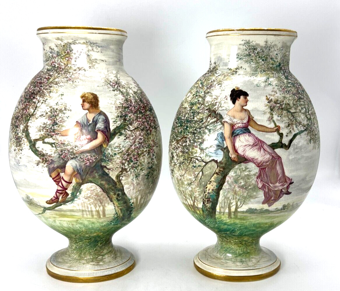 Antique Pair St. Denis French Porcelain Hand Painted Lovers Perched Tree Vases