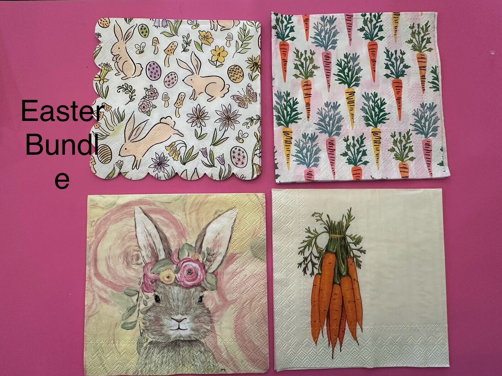FOUR Individual Cocktail Napkins For Decoupage Easter Bunny Flowers Carrots