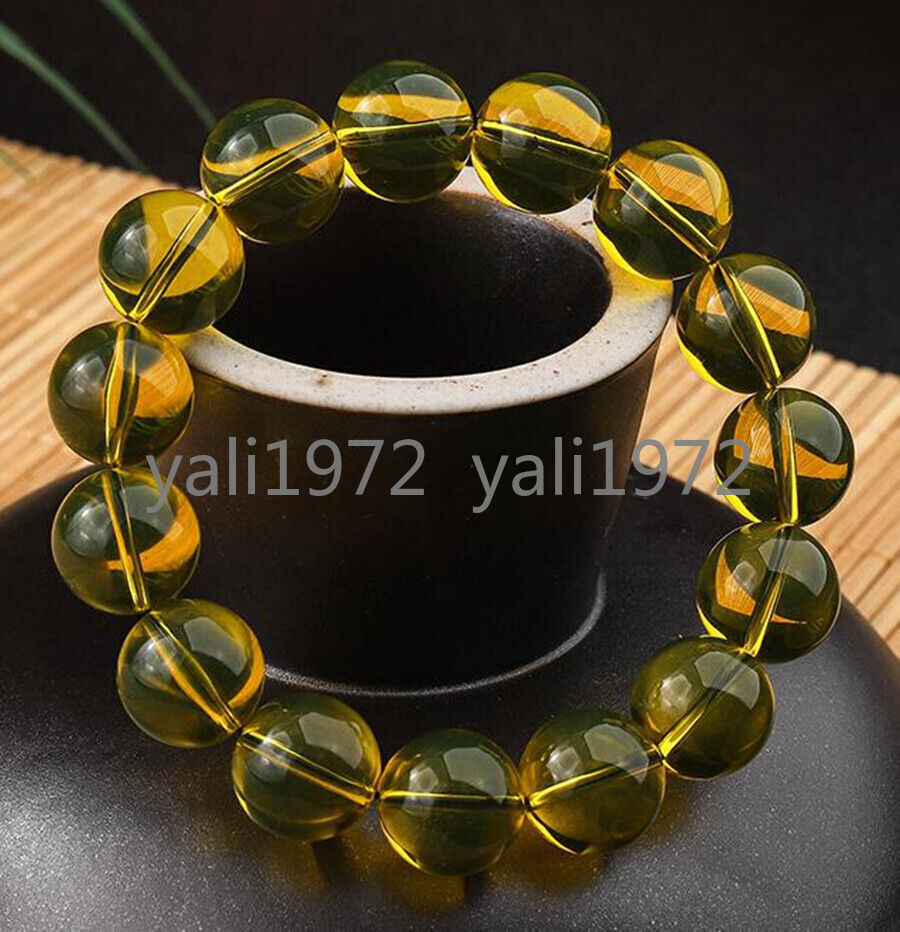 Certified 14mm Natural Dominican Gold Blue Amber Round Bead Stretch Bracelet
