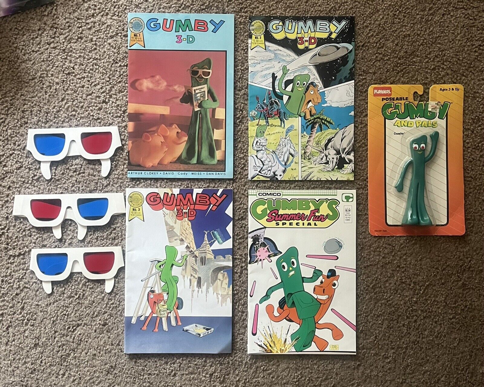 RARE Gumby 3-D Comic #1-3 & SUMMER with 3 pairs glasses & Posable GUMBY 1986-88