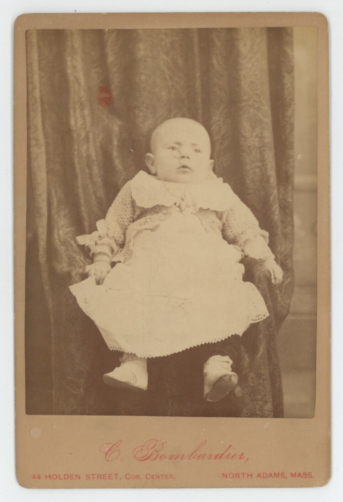 Antique Circa 1880s Cabinet Card Adorable Little Baby Bombardier N. Adams, MA