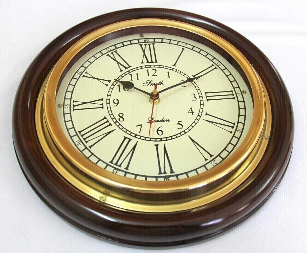 Vintage Brass Historical Nautical Smith London Wooden Wall Clock Home Decor