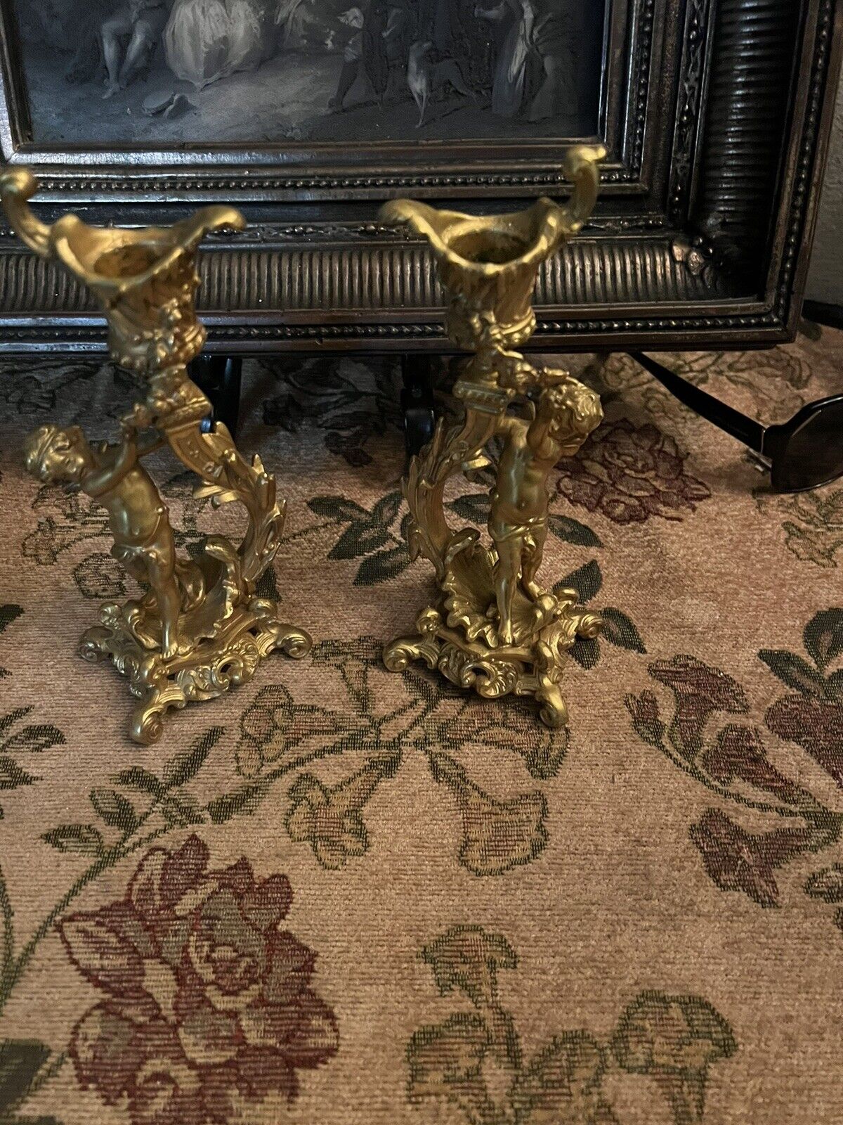 Antique French Ornate Gilt Bronze Putti Figural Candlesticks 7” Pair Cherub