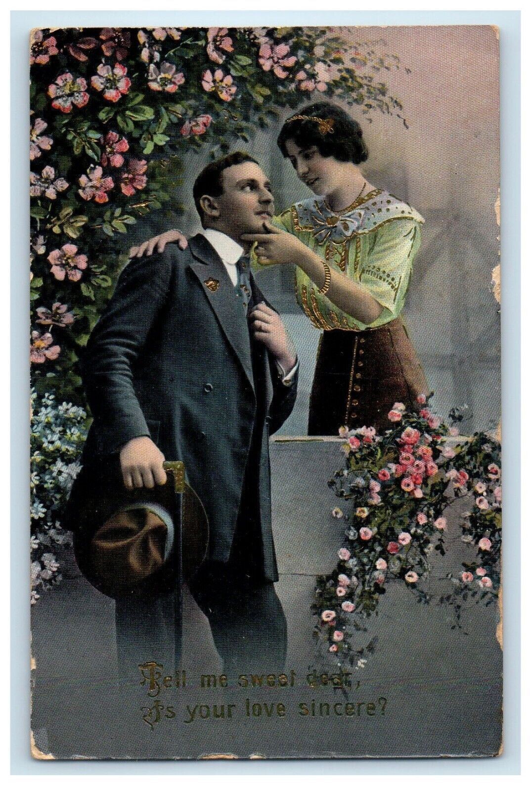 c1910\'s Couple Dress Up Flowers Gel Gold Gilt Embossed Posted Antique Postcard