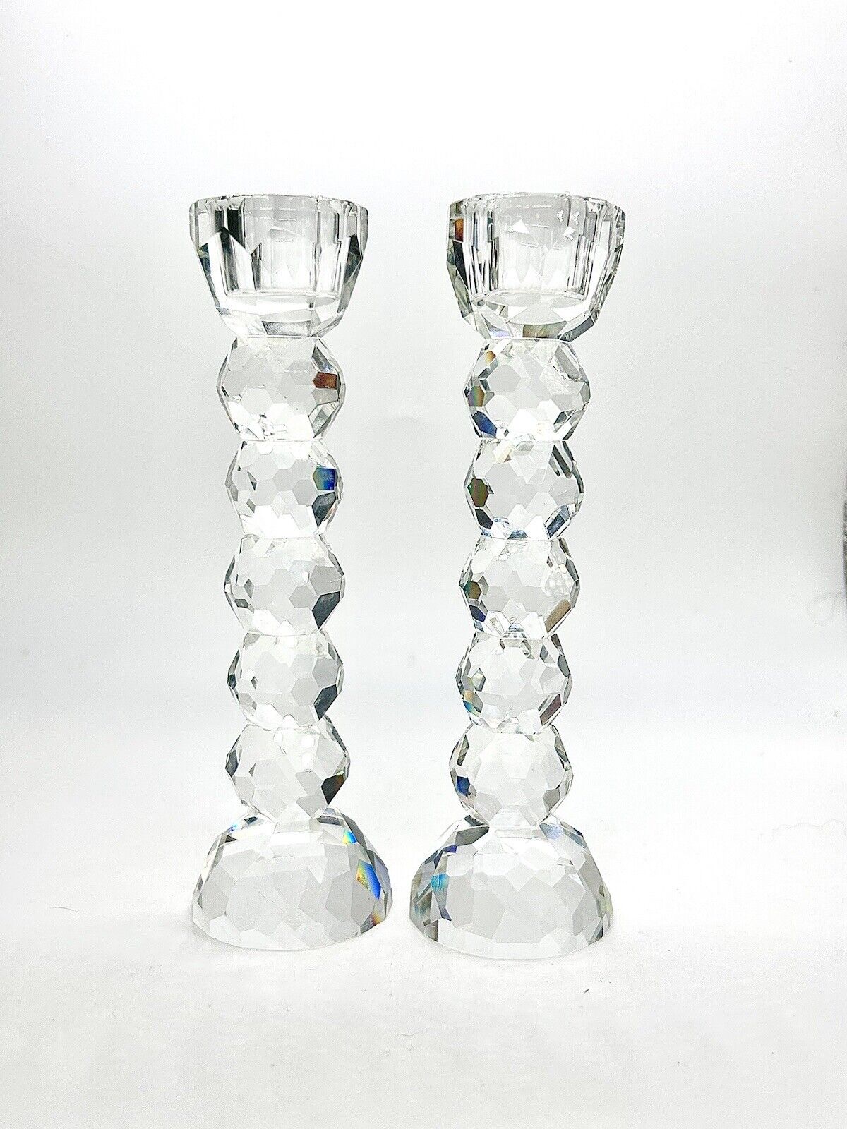 Pair of  Cut Crystal Candlestick Holder Faceted Crystal