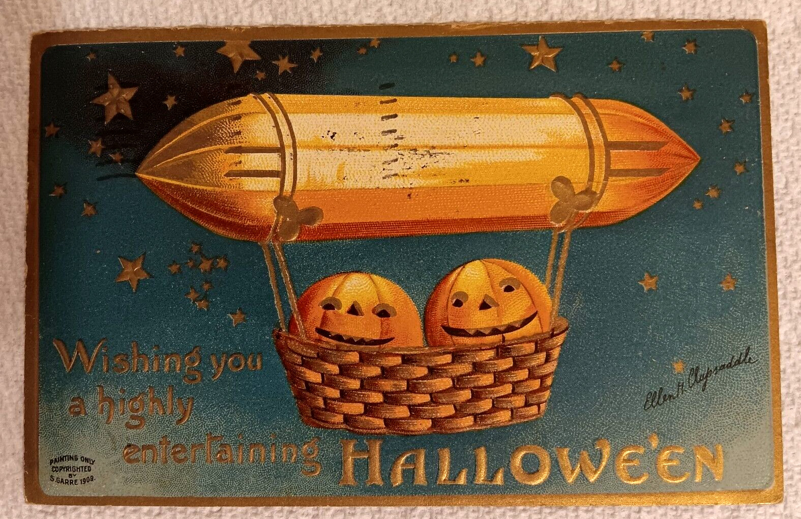 1908 HALLOWEEN Post Card  Garre  Ellen Clapsaddle  Jack O' Lanterns in Airship