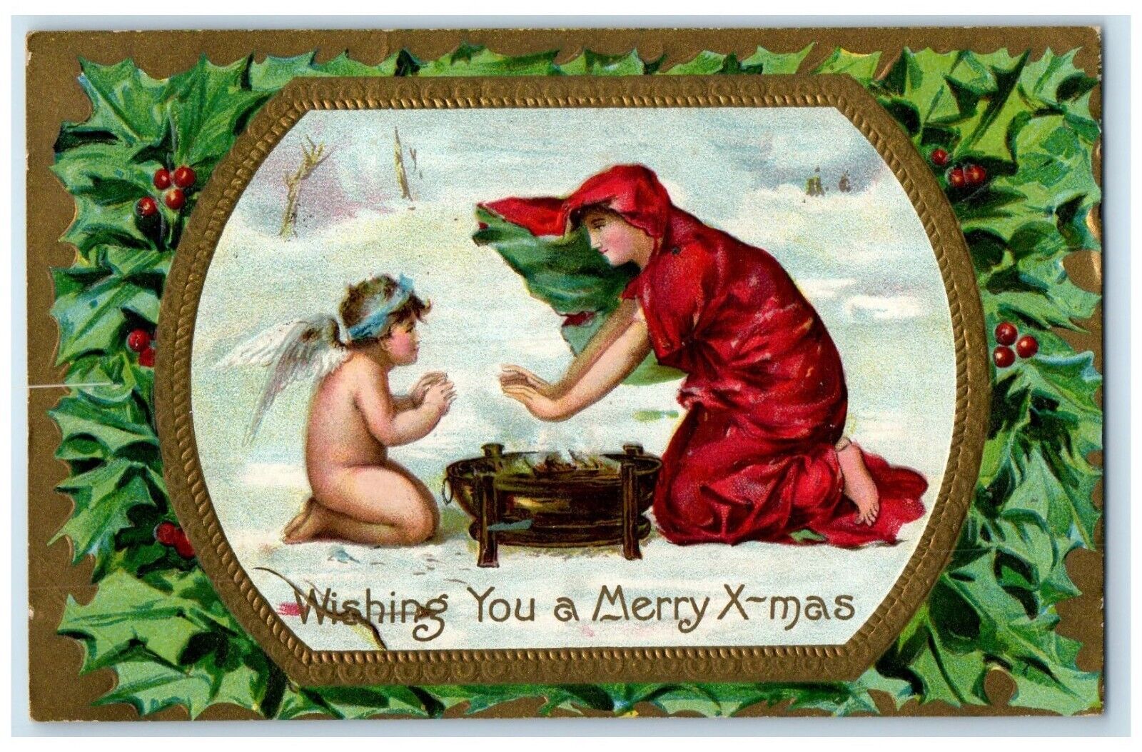 c1910\'s Christmas Angel And Woman Berries Embossed Dundee Michigan MI Postcard