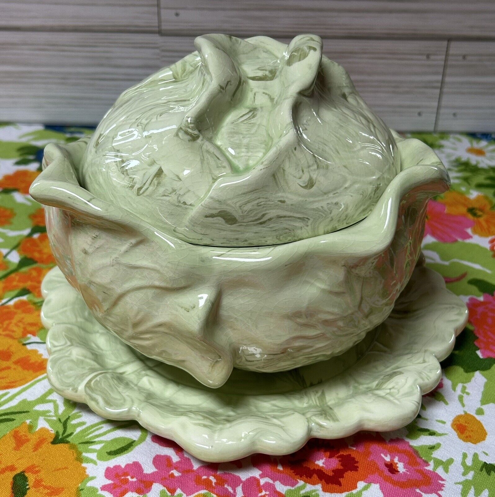 Vintage Holland Mold Cabbage Lettuce Bowl Tureen Lid & Plate Cheese Dome 3pc Set