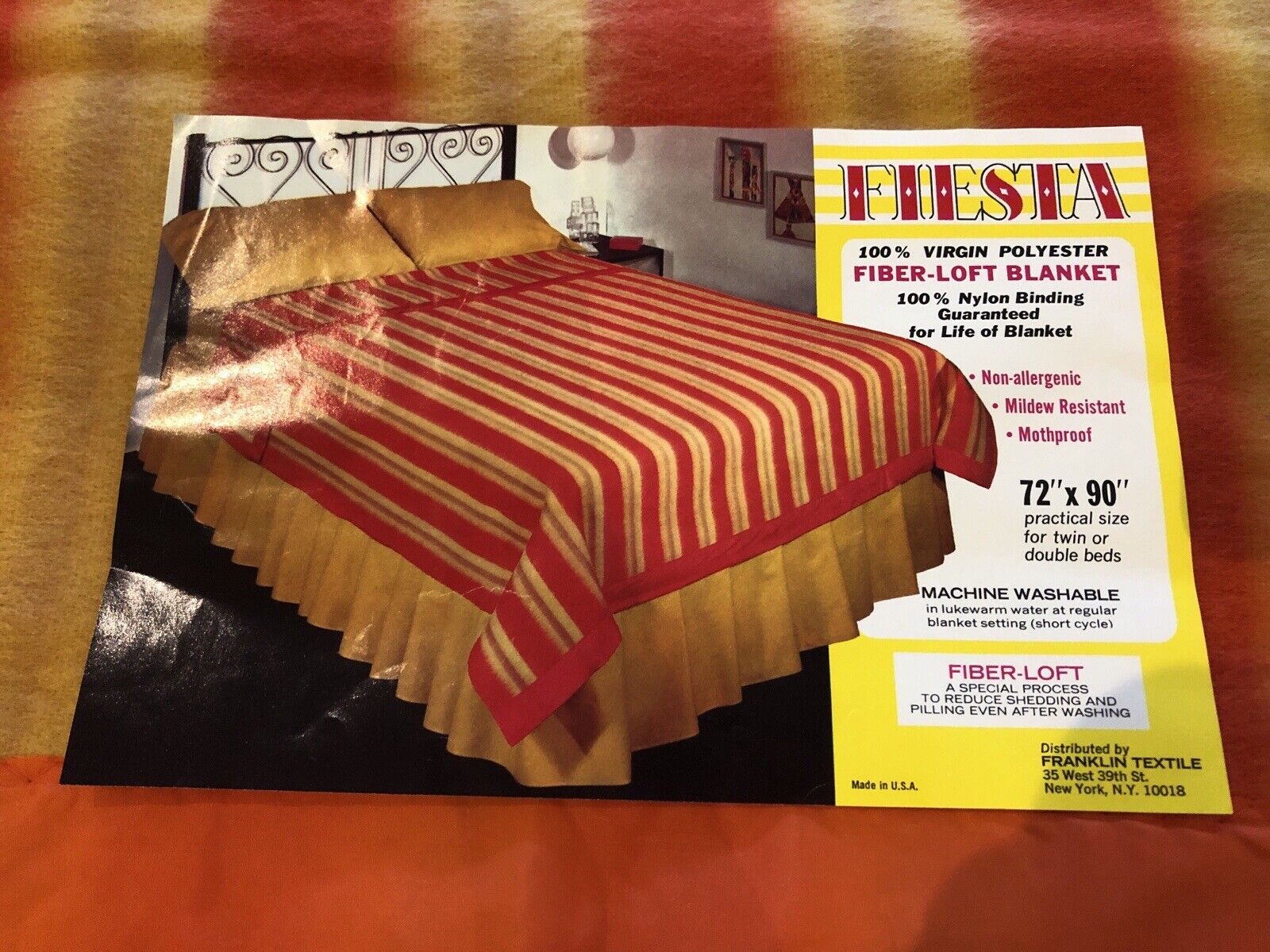 Vintage poly satin edge blanket red gold stripe FIESTA NWT 70s 80s TWIN/FULL