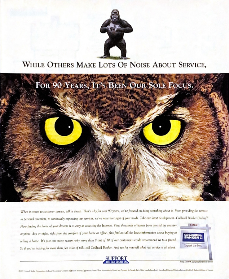 Coldwell Banker Vintage Print Ad 1996 Gorilla Owl Retro 90's Full Page Advertise
