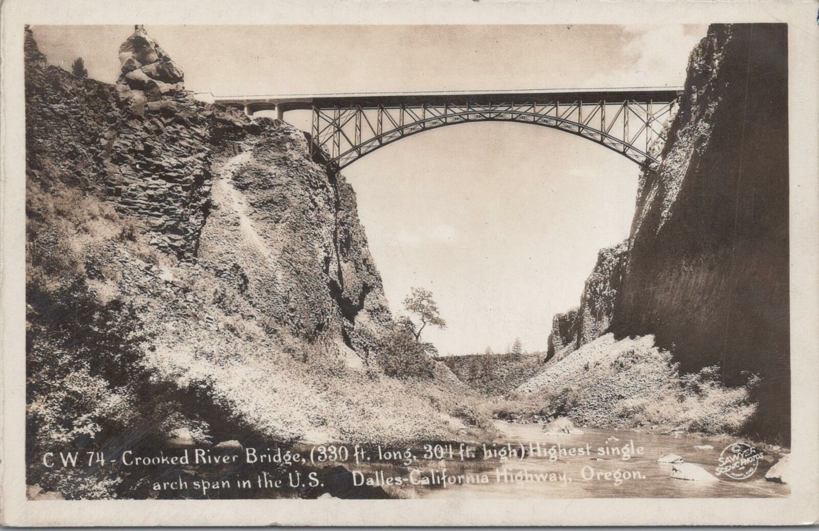 RPPC Postcard Crooked River Bridge Single Arch Span Dalles California Hwy OR 