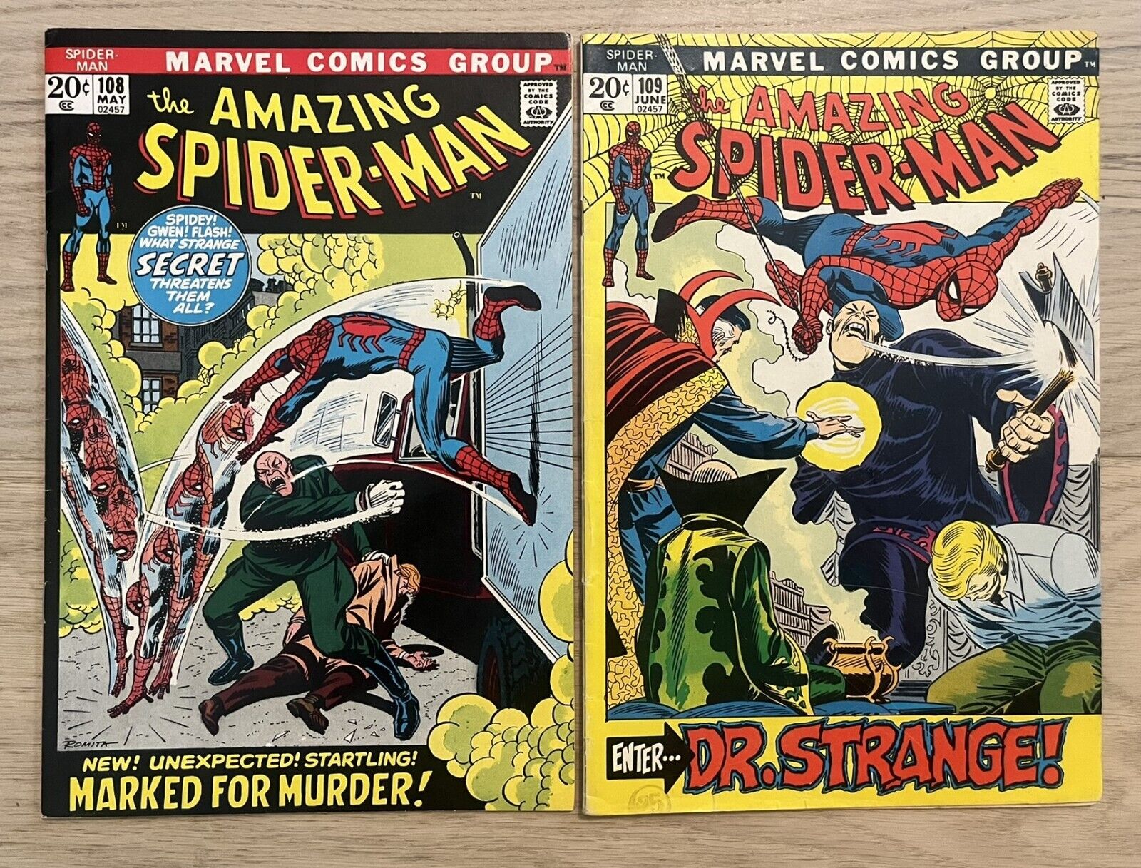 AMAZING SPIDER-MAN #108 & 109 (1972). Spidey & Dr. Strange vs. Monks of Light.