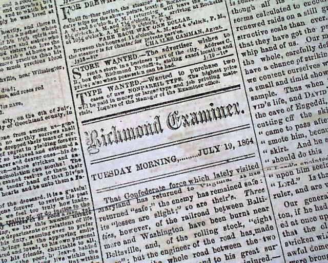 CONFEDERATE Battle of Monocacy Frederick MD Maryland 1864 Civil War Newspaper   