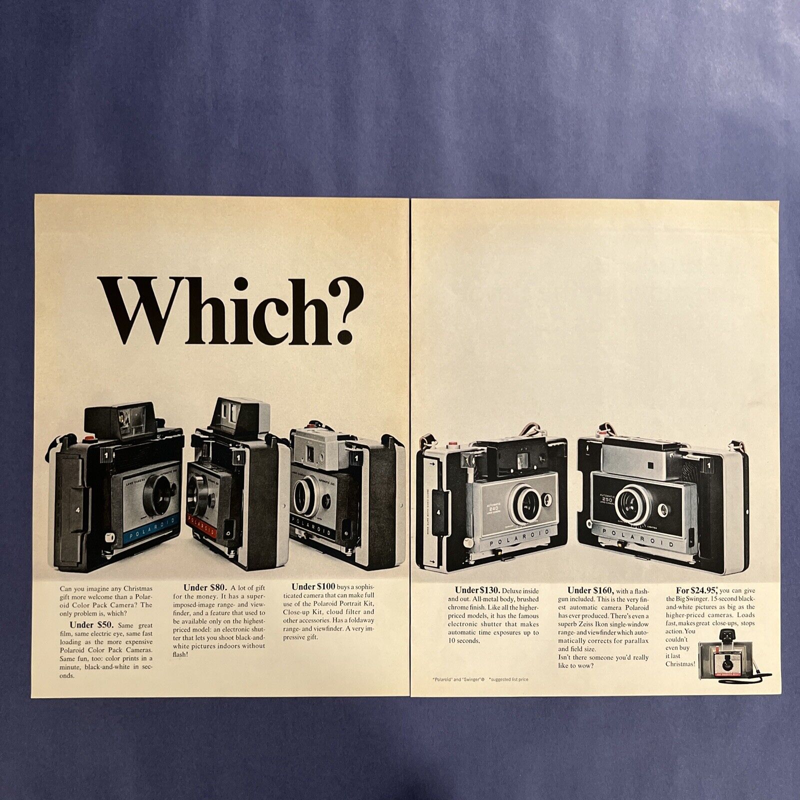 1968 WHICH? POLAROID CAMERA MODELS 2-page print ad Photo Art Vintage