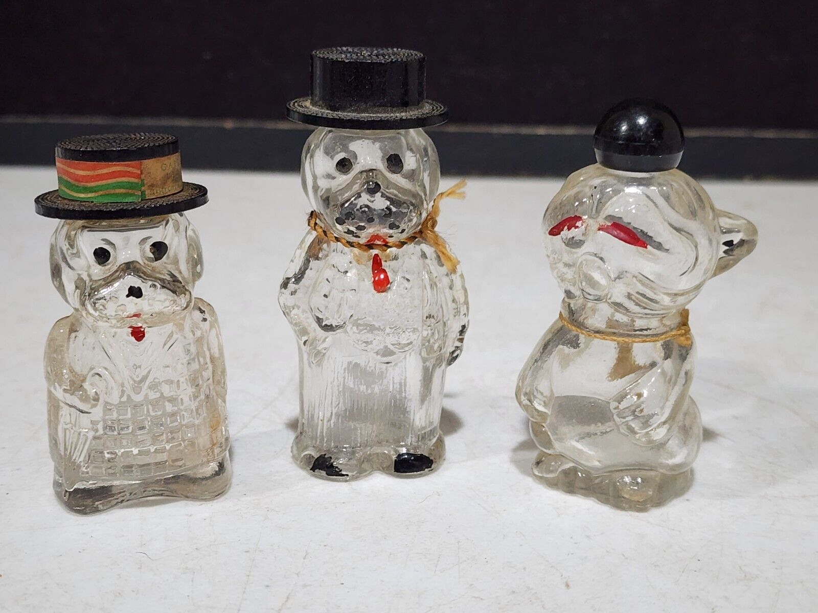 LOT OF 3- ANTIQUE DOGS IN HATS PAINTED GLASS PERFUME BOTTLES