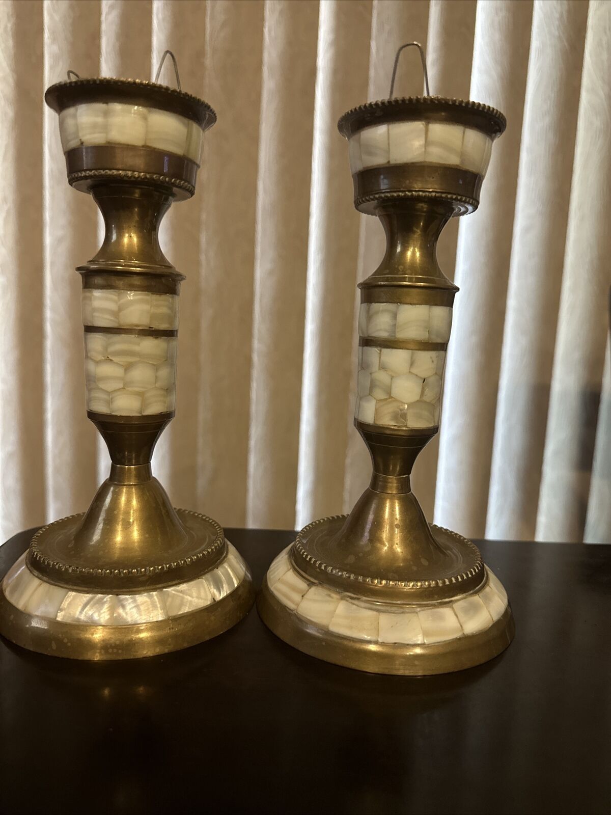 Vintage Pair Of Brass And Mother Of Pearl Inlay Candle Stick Holders 8”