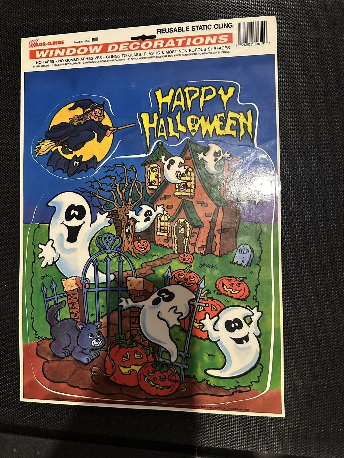 VTG HAPPY HALLOWEEN HAUNTED HOUSE W/WITCH, GHOSTS, BLK CAT & PUMPKINS