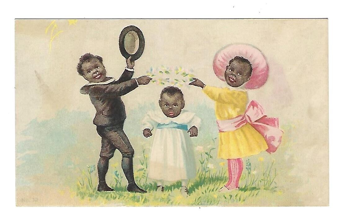 c1890's Stock Victorian Trade Card 3 Children Dressed for Easter