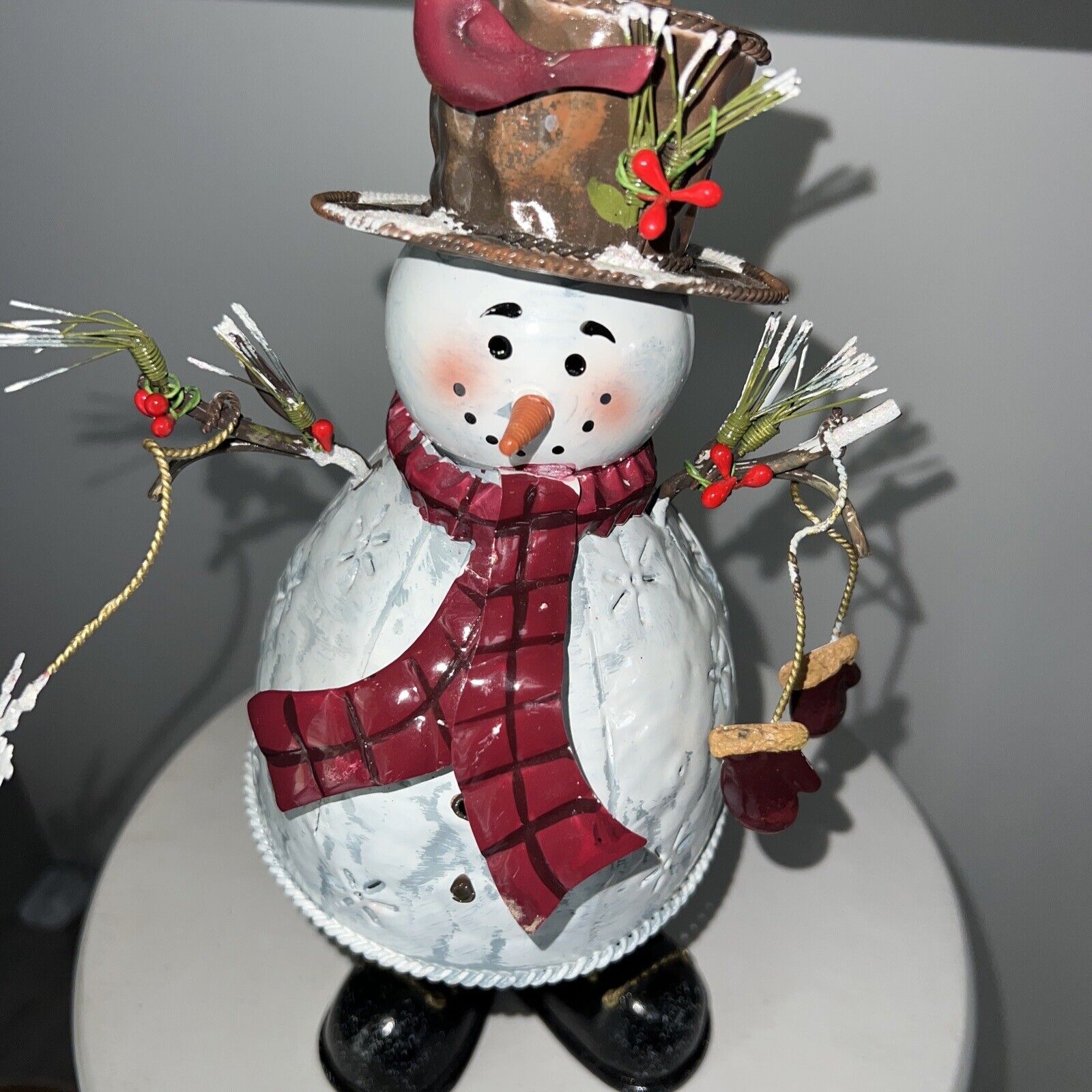 Happy Snowman Lantern Figurine Metal Tea Light Winter Christmas Decor  11.5”