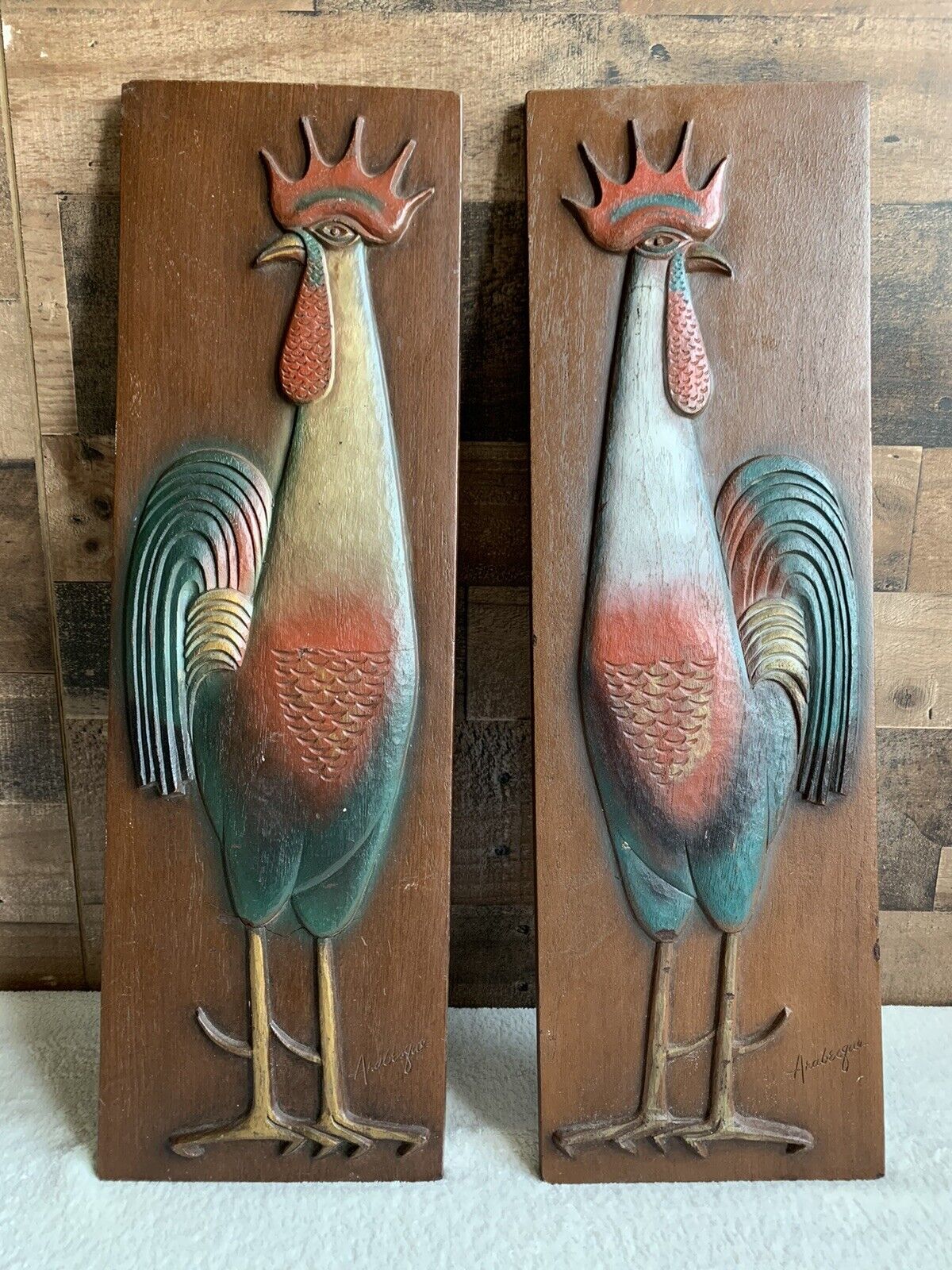 Vintage MCM Arabesque Burwood Rooster Chicken Wall Art Pair 24”x8” Surface Crack