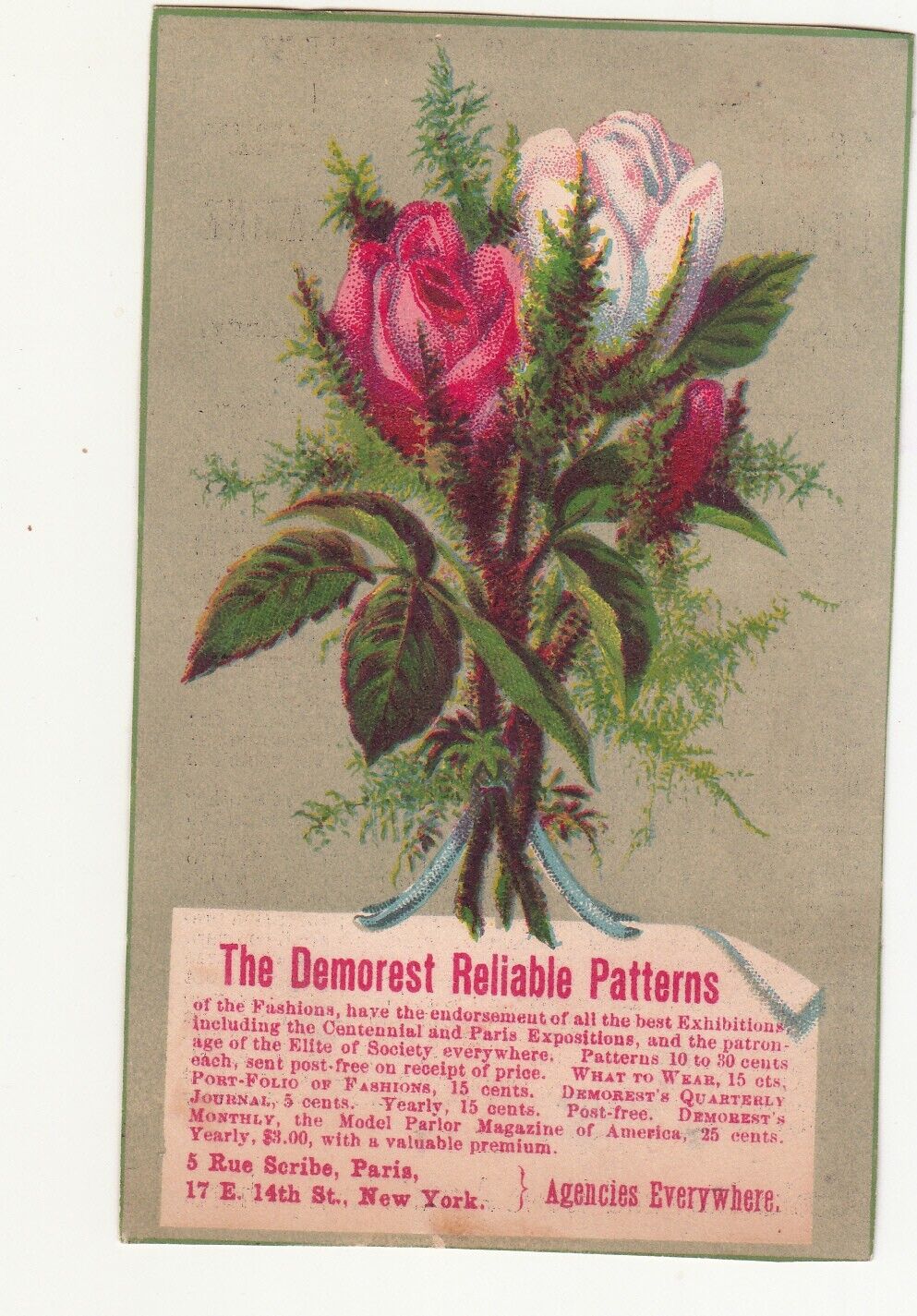 Demorest Reliable Patterns NY Two Roses in a Posy Vict Card c1880s