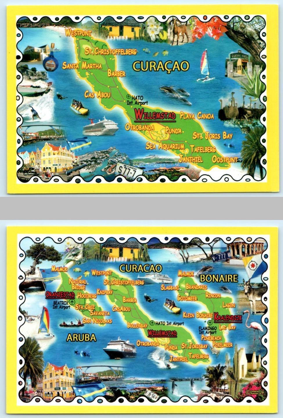 2 Illustrated Map Postcards CURACAO &  ARUBA & BONAIRE Caribbean  4\