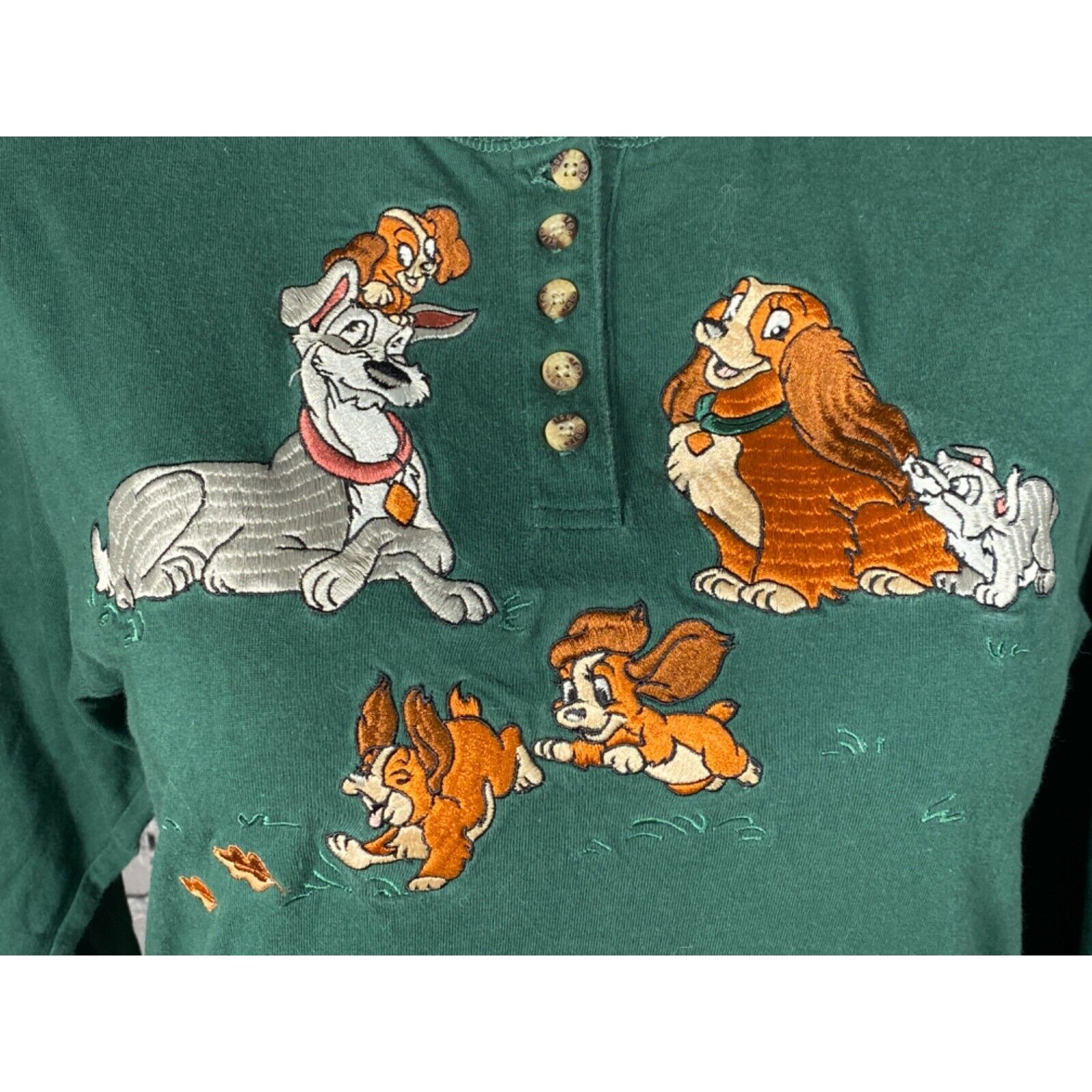 Vintage Disney Lady & The Tramp Henley Shirt Long sleeve embroidered Sz Medium