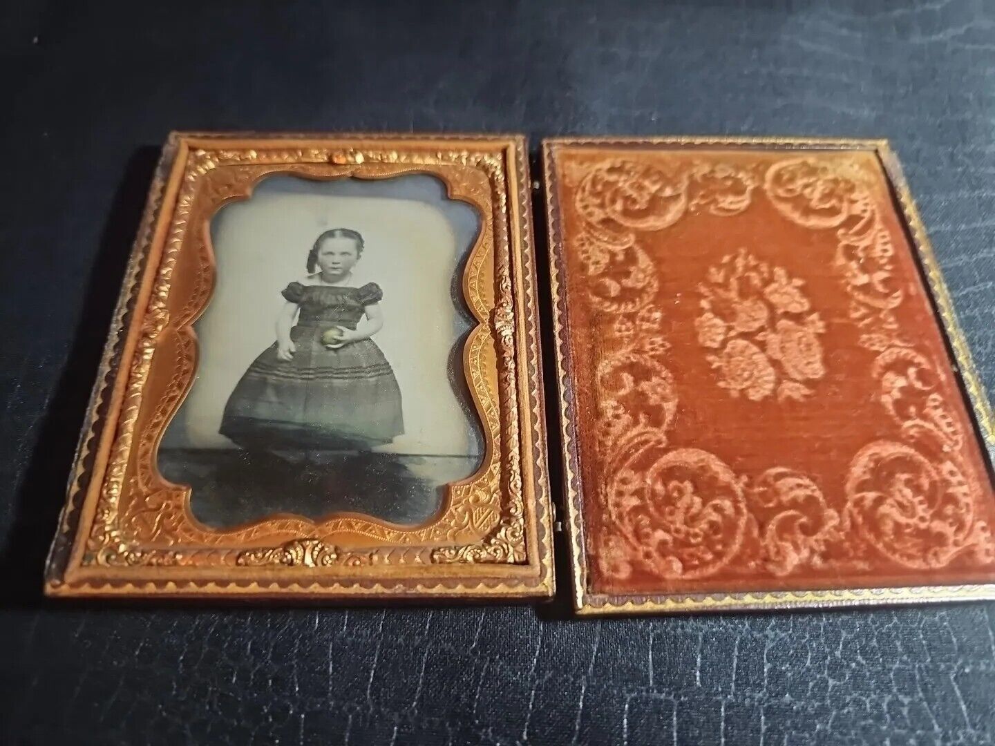 1860's Civil War Era 1/6th Plate Ambrotype Seated Little Girl Holding Apple