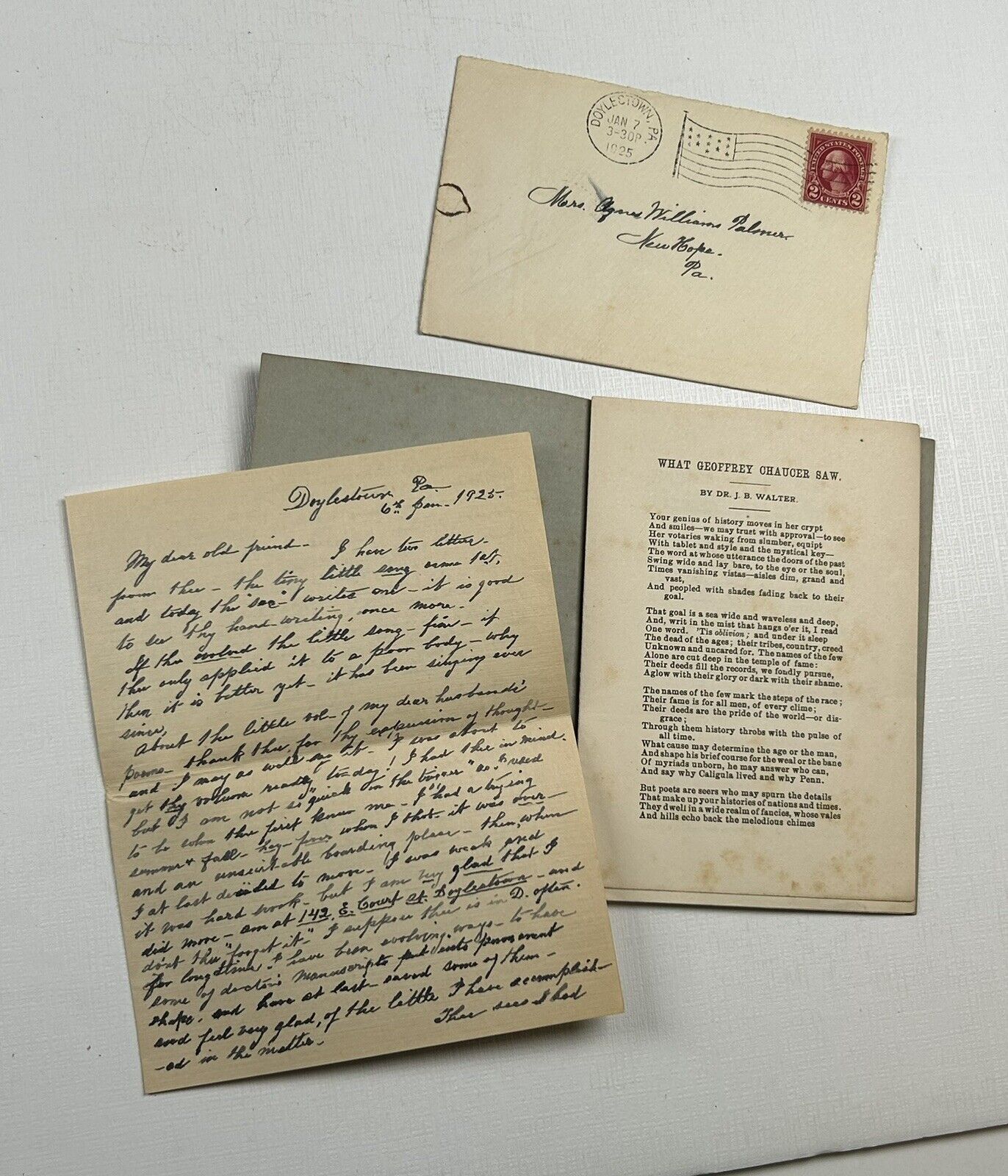 Vintage Letter Mary JB Walter Doylestown PA Agnes Palmer New Hope PA 1925